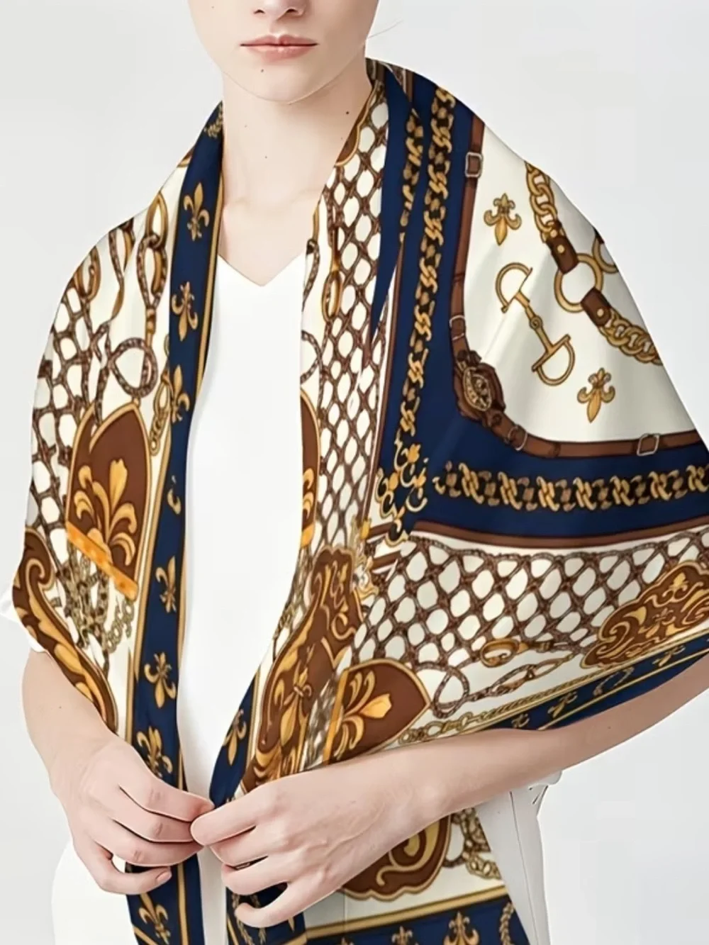 Decorative Horse-Print Scarf in Navy and Gold